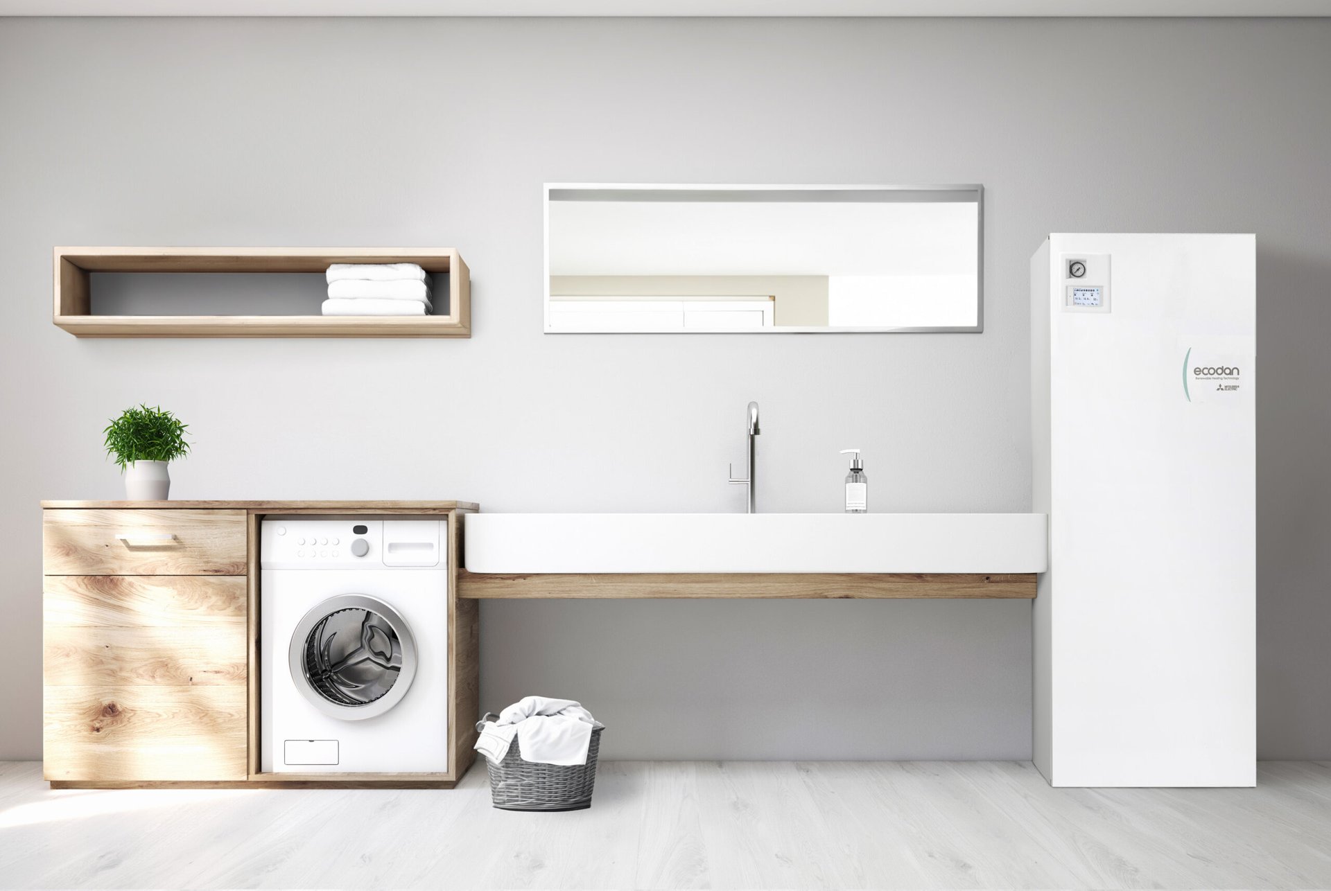 Ett modernt och minimalistiskt tvätt- och badrum med en vit Ecodan värmepump från Mitsubishi Electric placerad vid sidan. Rummet har en tvättmaskin, handfat och trähyllor, vilket skapar en stilren och funktionell inredning.