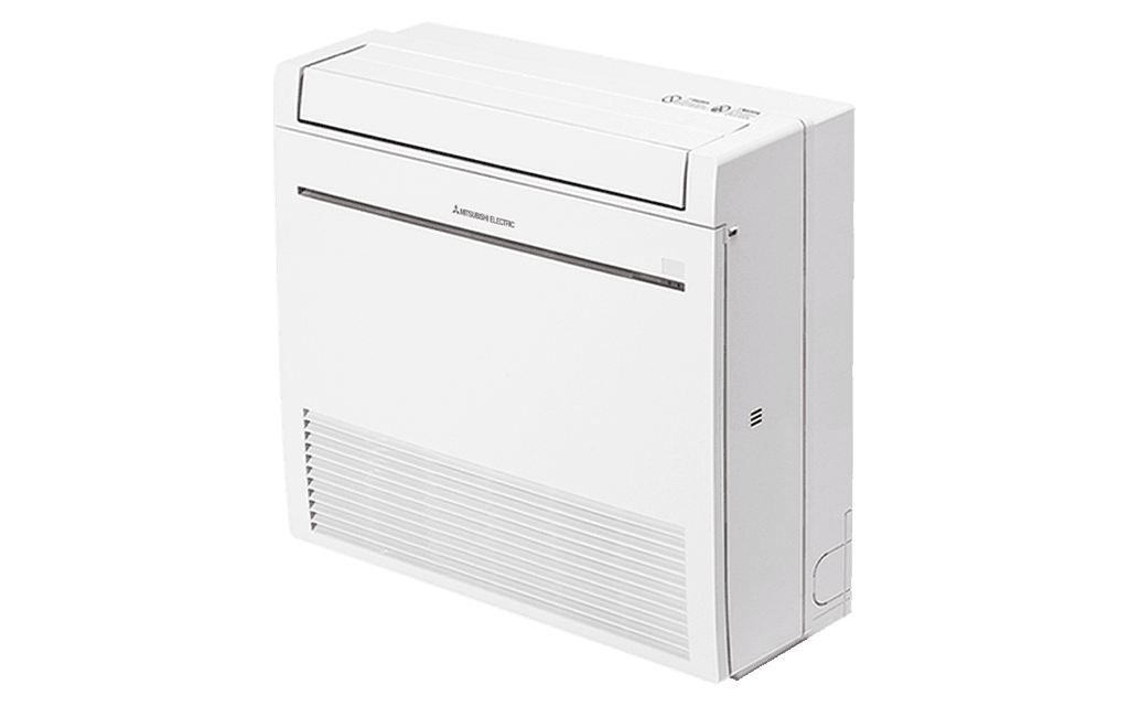 En vit Mitsubishi Electric golvmodell värmepump sedd från sidan. Enheten är designad för att ge både uppvärmning och kylning, anpassad för att klara nordiska klimatförhållanden.